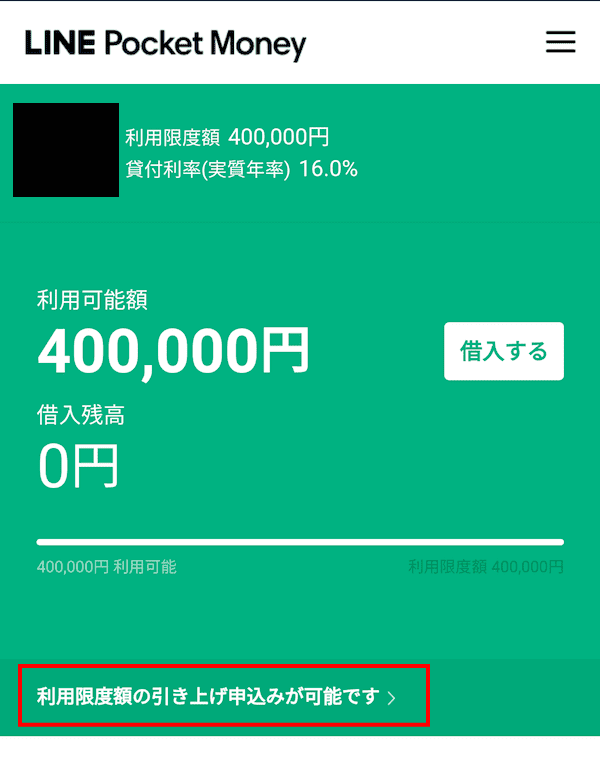 LINEポケットマネー増額申込画面画像